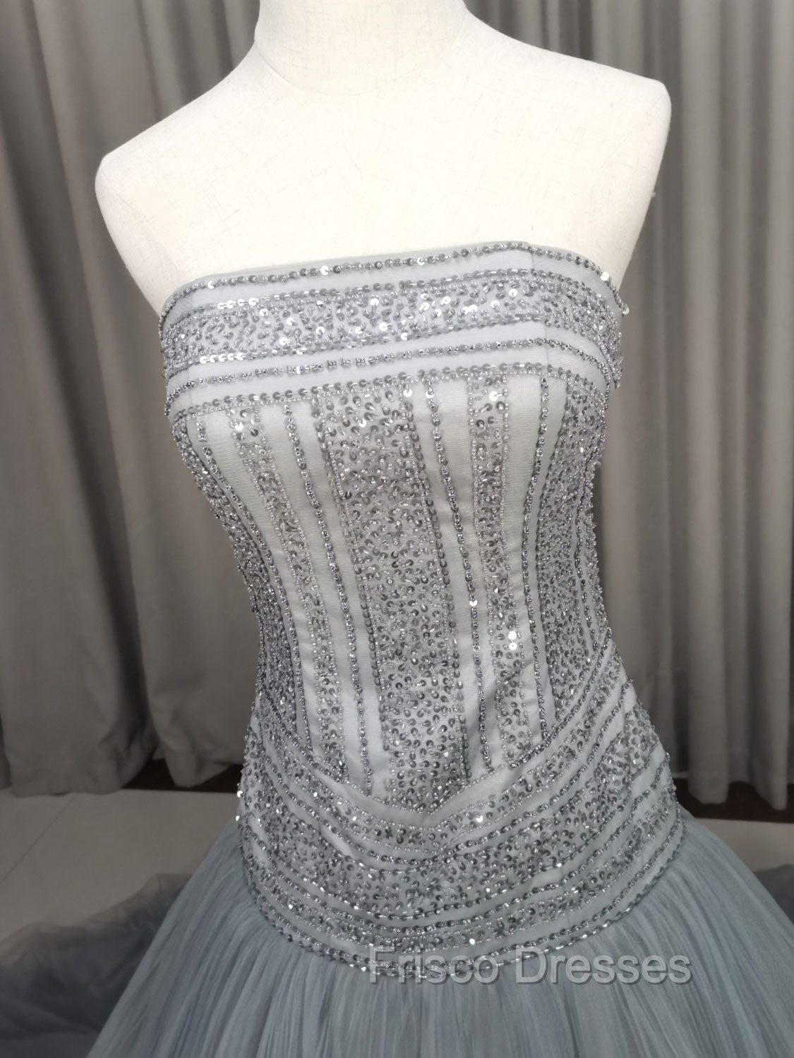 Gray Tulle Beads Long Formal Prom Dress Gray Tulle Formal Evening Graduation Dress