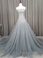 Gray Tulle Beads Long Formal Prom Dress Gray Tulle Formal Evening Graduation Dress