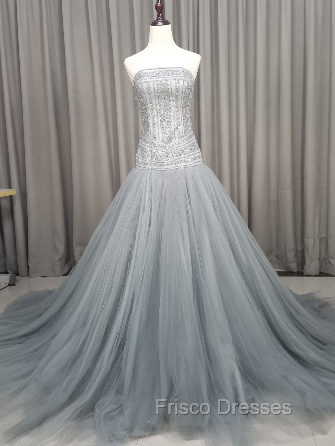 Gray Tulle Beads Long Formal Prom Dress Gray Tulle Formal Evening Graduation Dress