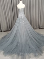 Gray Tulle Beads Long Formal Prom Dress Gray Tulle Formal Evening Graduation Dress