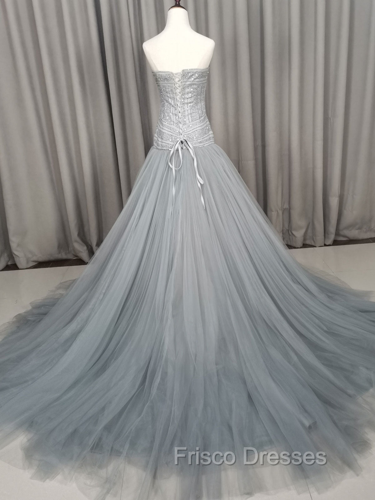 Gray Tulle Beads Long Formal Prom Dress Gray Tulle Formal Evening Graduation Dress
