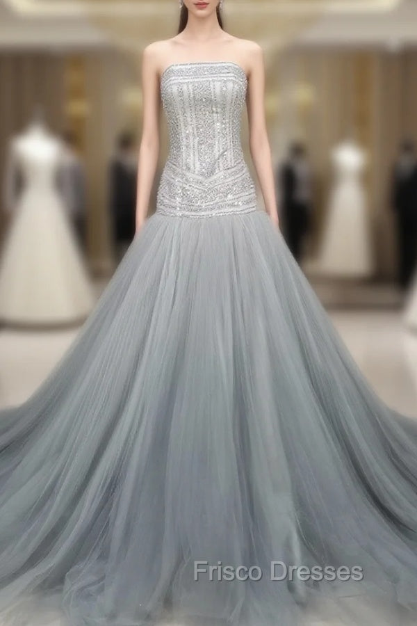 Gray Tulle Beads Long Formal Prom Dress Gray Tulle Formal Evening Graduation Dress Main image