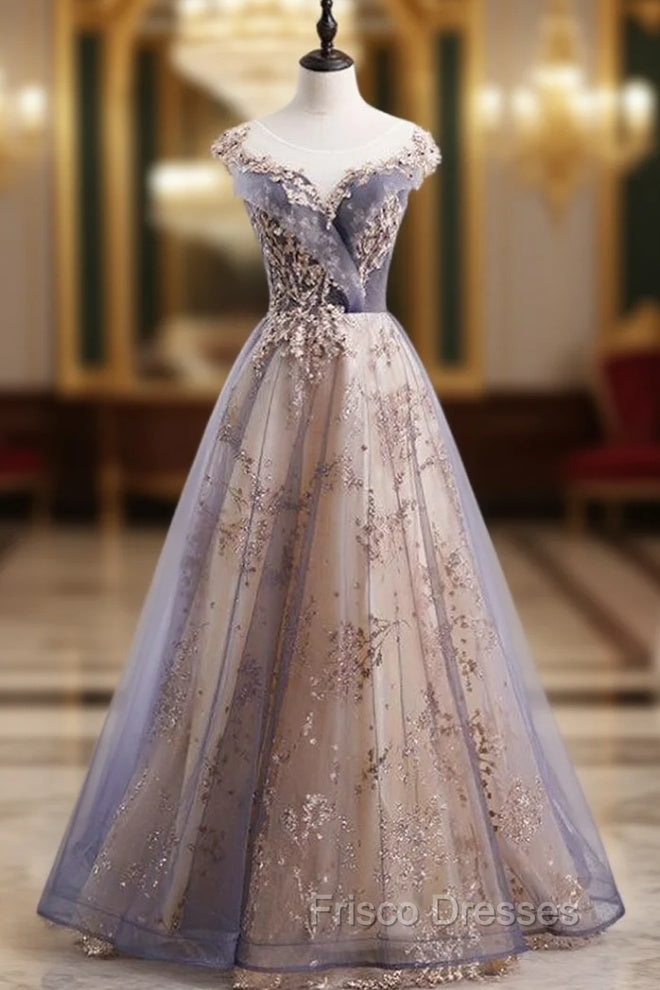 Gray Tulle Cap Sleeve Sequins Beading Long Formal Prom Dress