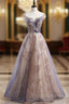 Gray Tulle Cap Sleeve Sequins Beading Long Formal Prom Dress