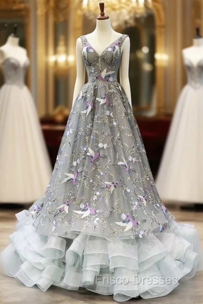 Gray Tulle Embroidery V-neck Backless Corset Formal Prom Dress Main image