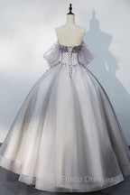 Gray Tulle Floor Length Formal Prom Dress, Off the Shoulder Evening Party Dress