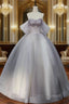 Gray Tulle Floor Length Formal Prom Dress, Off the Shoulder Evening Party Dress