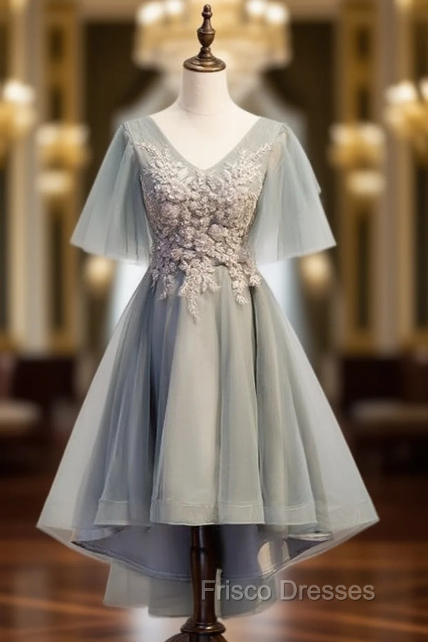 Gray Tulle Hig Lo V-neck Short Sleeve Beading Formal Prom Dress