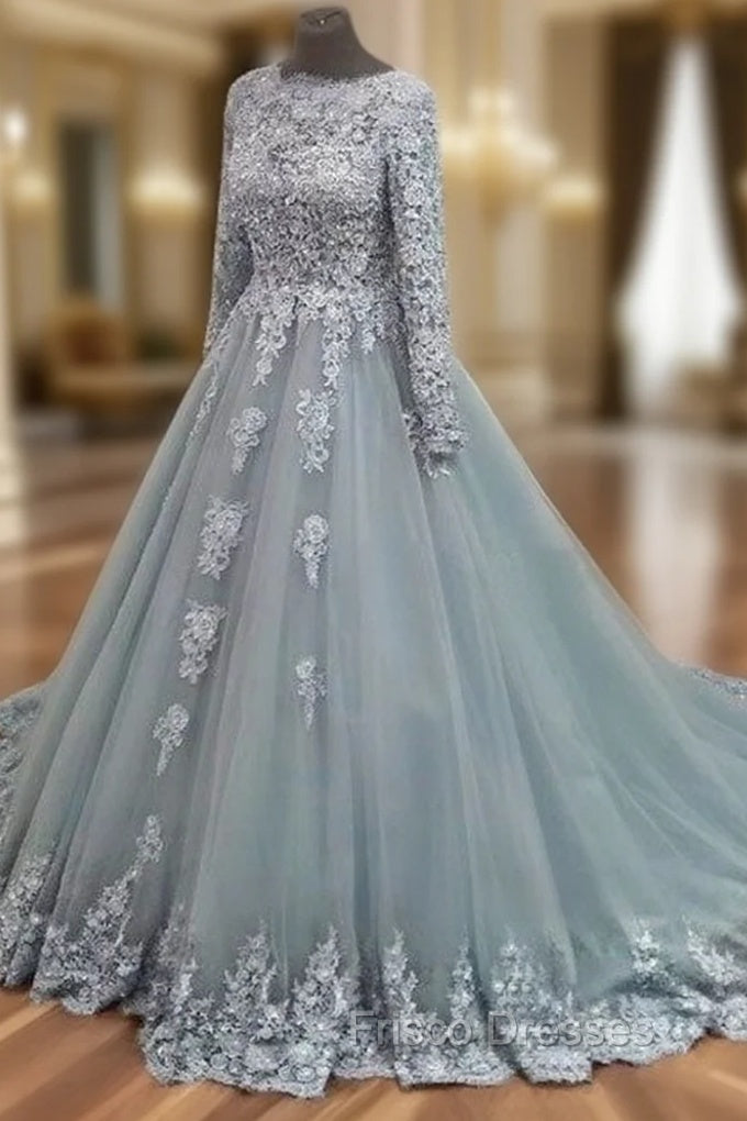 Gray Tulle Lace Applique Long Formal Prom Dress, Gray Evening Dress Main image