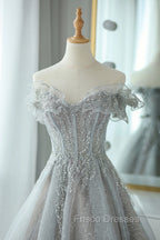 Gray Tulle Lace Floor Length Evening Dress, Off the Shoulder Formal Prom Dress