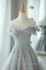 Gray Tulle Lace Floor Length Evening Dress, Off the Shoulder Formal Prom Dress