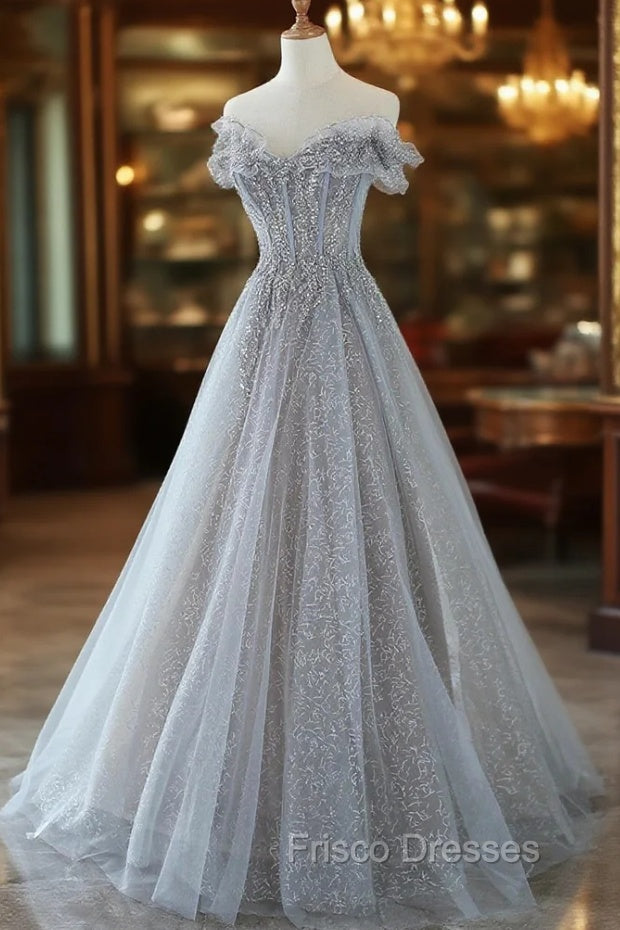 Gray Tulle Lace Floor Length Evening Dress, Off the Shoulder Formal Prom Dress Main image