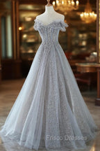 Gray Tulle Lace Floor Length Evening Dress, Off the Shoulder Formal Prom Dress