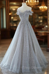 Gray Tulle Lace Floor Length Evening Dress, Off the Shoulder Formal Prom Dress