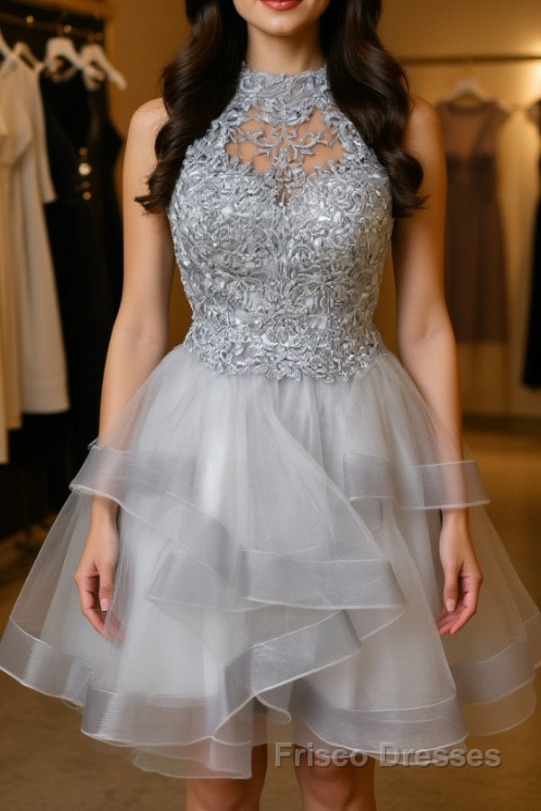 Gray tulle lace high neck short Formal Prom Dresses gray homecoming Dresses Main image