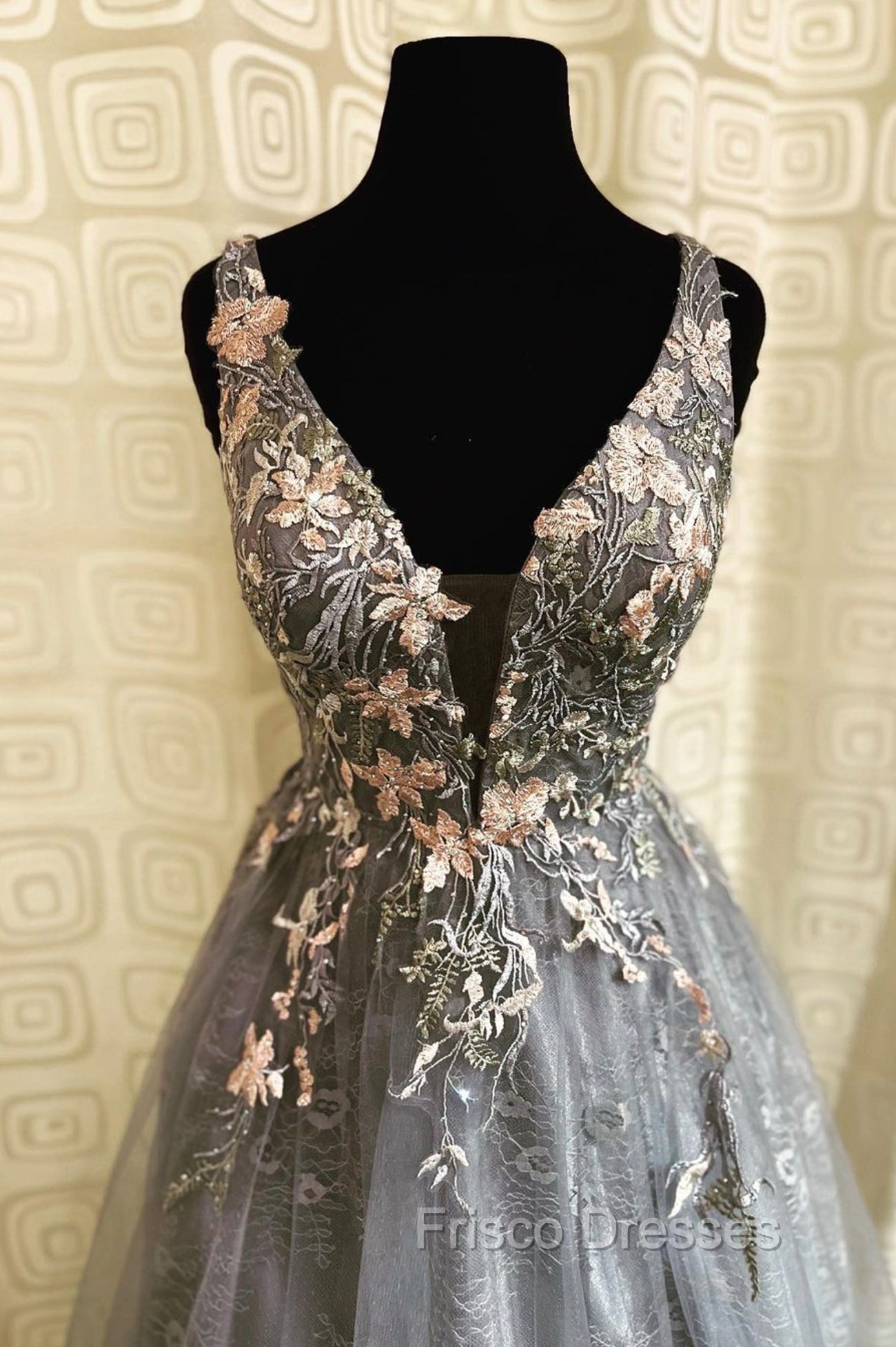 Gray Tulle Lace long A-Line Formal Prom Dress, Gray V-Neck Evening Party Dress