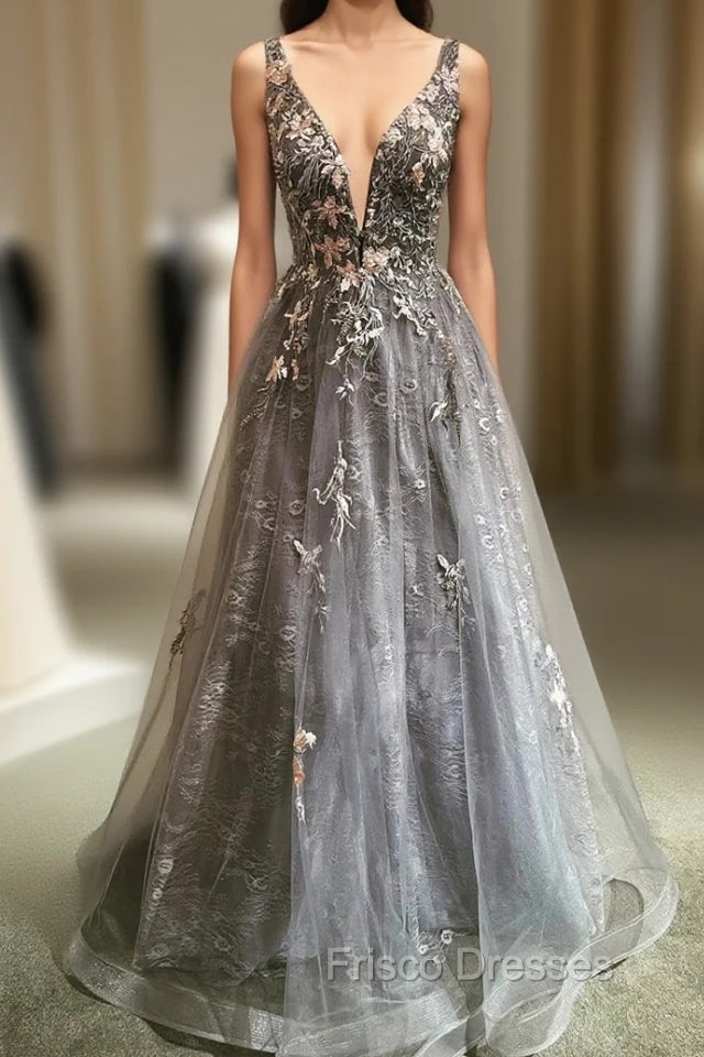 Gray Tulle Lace long A-Line Formal Prom Dress, Gray V-Neck Evening Party Dress Main image