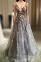 Gray Tulle Lace long A-Line Formal Prom Dress, Gray V-Neck Evening Party Dress