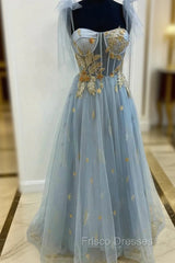 Gray Tulle Lace Long Formal Prom Dress, A-Line Spaghetti Straps Evening Dress