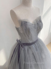 Gray Tulle Lace Long Formal Prom Dress, Gray Ball Gown Formal Dress