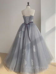 Gray Tulle Lace Long Formal Prom Dress, Gray Ball Gown Formal Dress