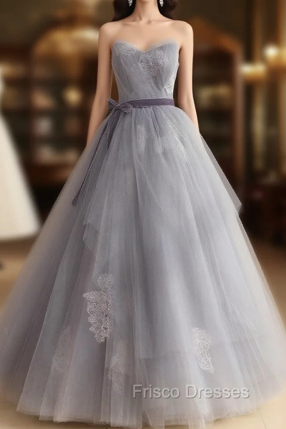 Gray Tulle Lace Long Formal Prom Dress, Gray Ball Gown Formal Dress Main image
