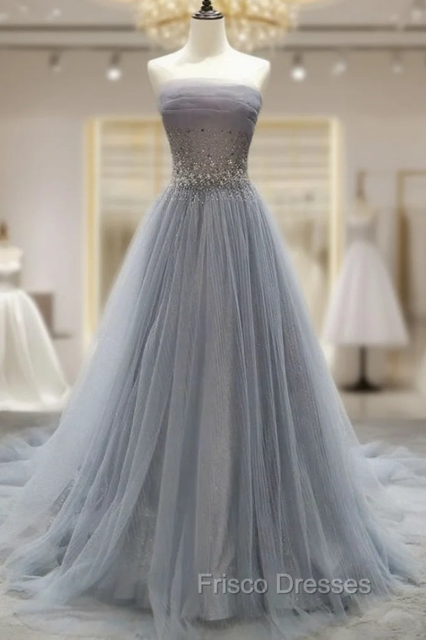 Gray Tulle Lace Long Formal Prom Dress, Gray Blue Tulle Lace Evening Dress
