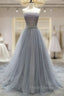 Gray Tulle Lace Long Formal Prom Dress, Gray Blue Tulle Lace Evening Dress