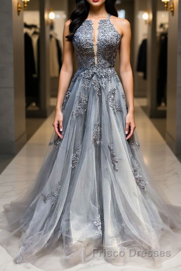 Gray tulle lace long Formal Prom Dresses gray tulle lace formal Dresses