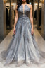 Gray tulle lace long Formal Prom Dresses gray tulle lace formal Dresses