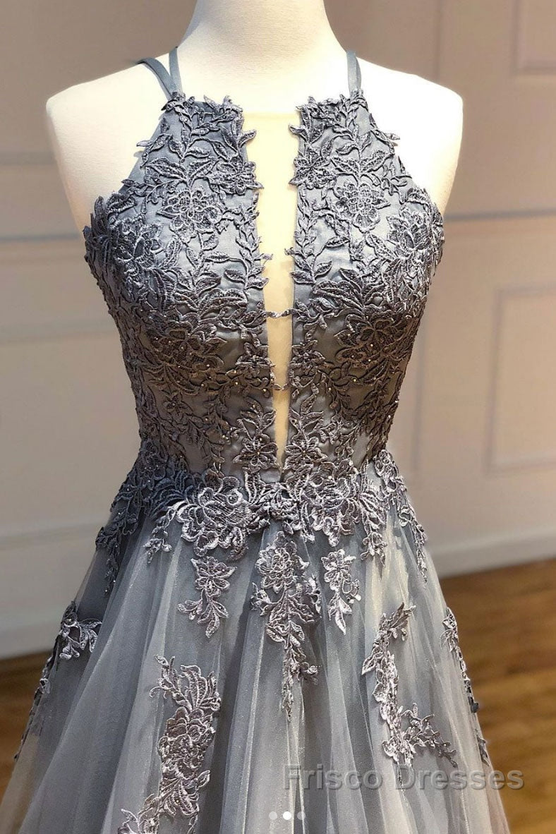 Gray tulle lace long Formal Prom Dresses gray tulle lace formal Dresses Secondary image