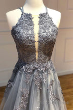 Gray tulle lace long Formal Prom Dresses gray tulle lace formal Dresses