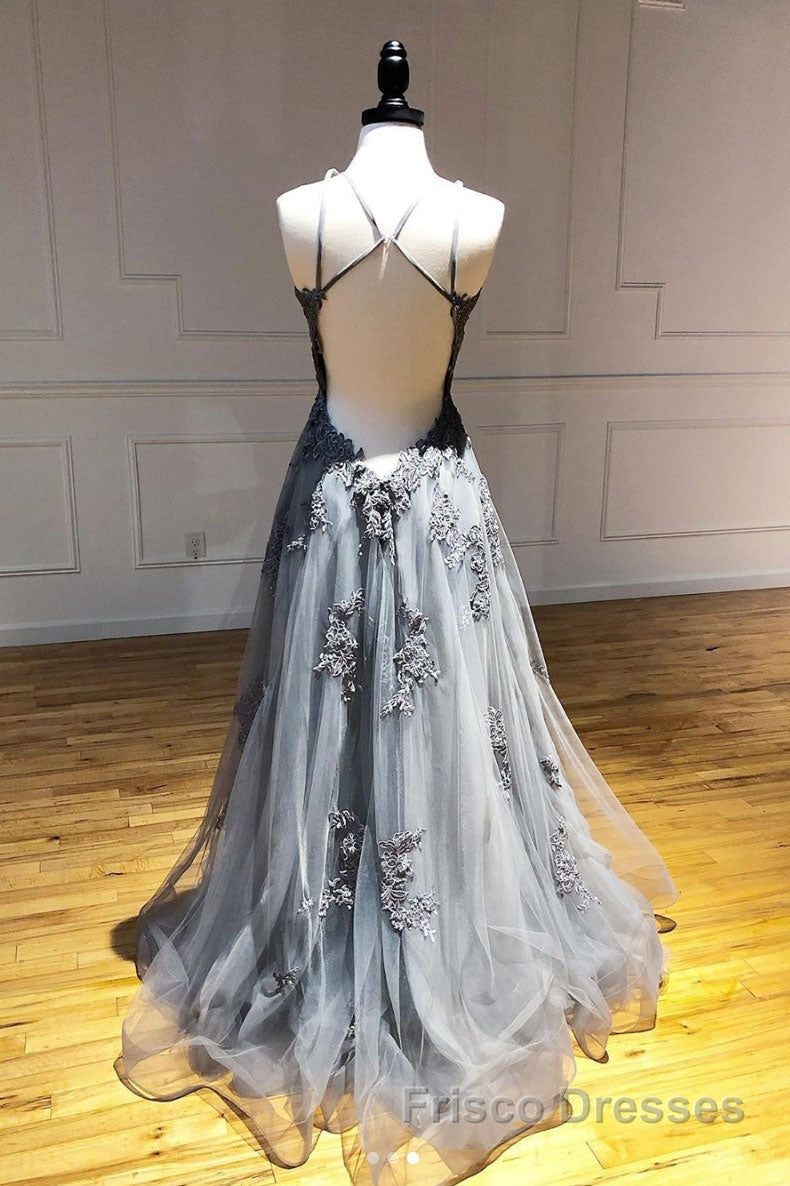Gray tulle lace long Formal Prom Dresses gray tulle lace formal Dresses
