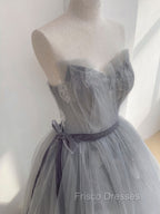 Gray Tulle Lace Long Formal Prom Dress, Gray Tulle Sweet 16 Dress