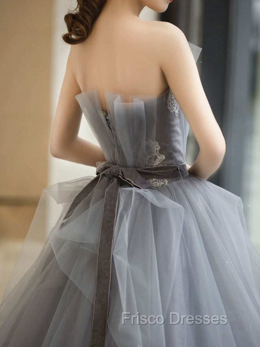 Gray Tulle Lace Long Formal Prom Dress, Gray Tulle Sweet 16 Dress