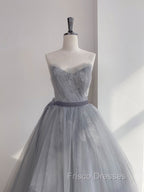 Gray Tulle Lace Long Formal Prom Dress, Gray Tulle Sweet 16 Dress