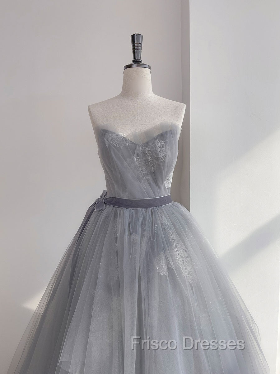 Gray Tulle Lace Long Formal Prom Dress, Gray Tulle Sweet 16 Dress