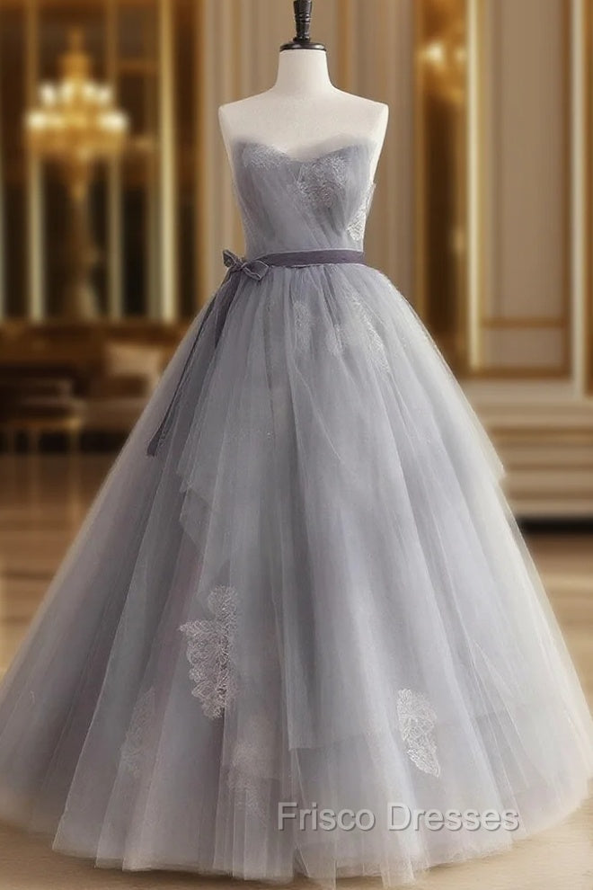 Gray Tulle Lace Long Formal Prom Dress, Gray Tulle Sweet 16 Dress Main image
