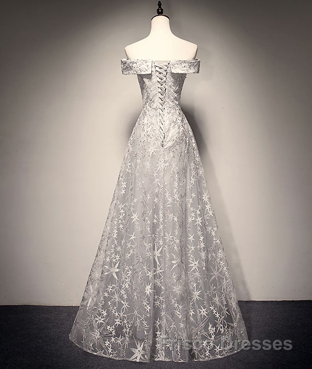 Gray tulle lace long Formal Prom Dresses, lace tulle bridesmaid Dresses Secondary image