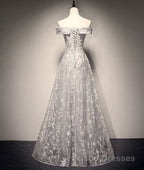 Gray tulle lace long Formal Prom Dresses, lace tulle bridesmaid Dresses