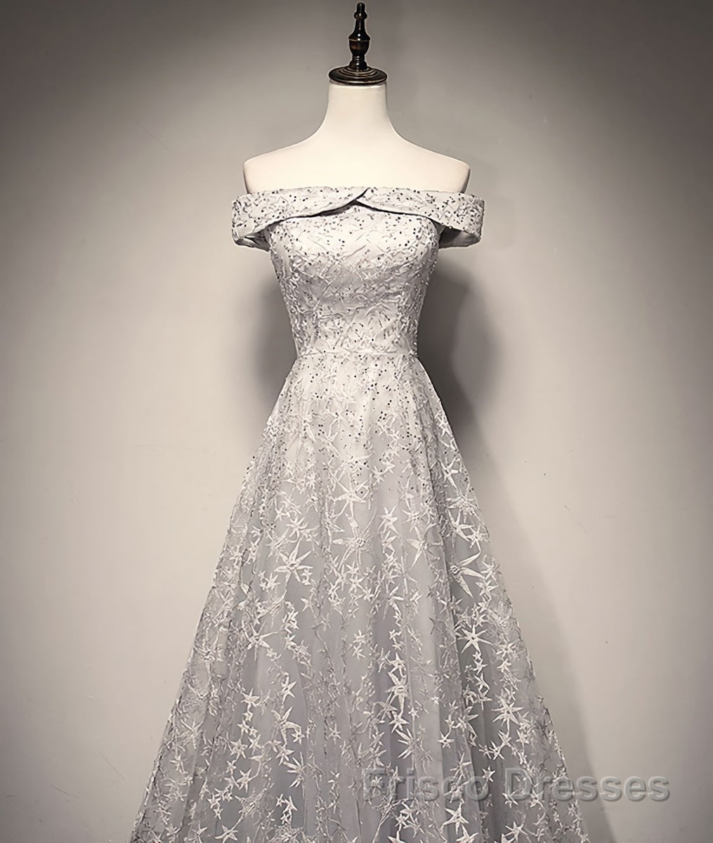 Gray tulle lace long Formal Prom Dresses, lace tulle bridesmaid Dresses