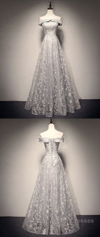 Gray tulle lace long Formal Prom Dresses, lace tulle bridesmaid Dresses