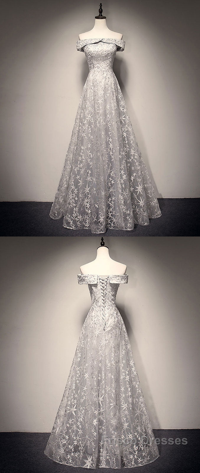 Gray tulle lace long Formal Prom Dresses, lace tulle bridesmaid Dresses