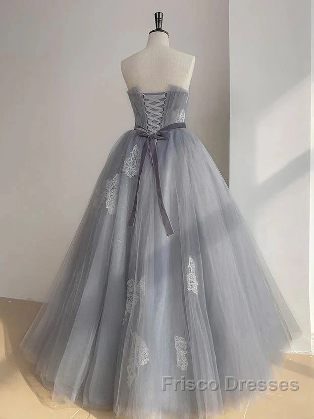 Gray Tulle Lace Long Formal Prom Dress Sweet 16 Dress A Line Off Shoulder December Wedding Guest Dress