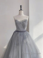 Gray Tulle Lace Long Formal Prom Dress Sweet 16 Dress A Line Off Shoulder December Wedding Guest Dress