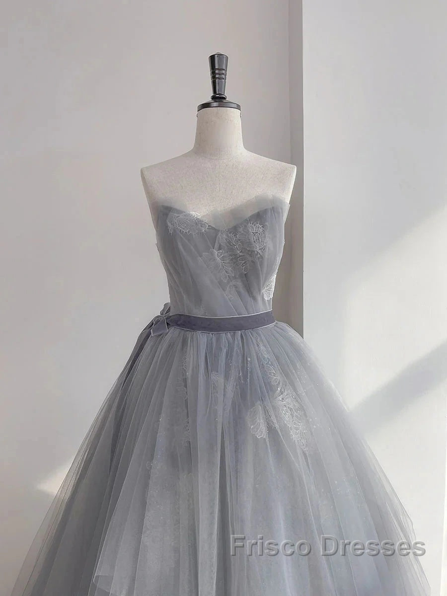 Gray Tulle Lace Long Formal Prom Dress Sweet 16 Dress A Line Off Shoulder December Wedding Guest Dress