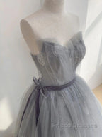 Gray Tulle Lace Long Formal Prom Dress Sweet 16 Dress A Line Off Shoulder December Wedding Guest Dress
