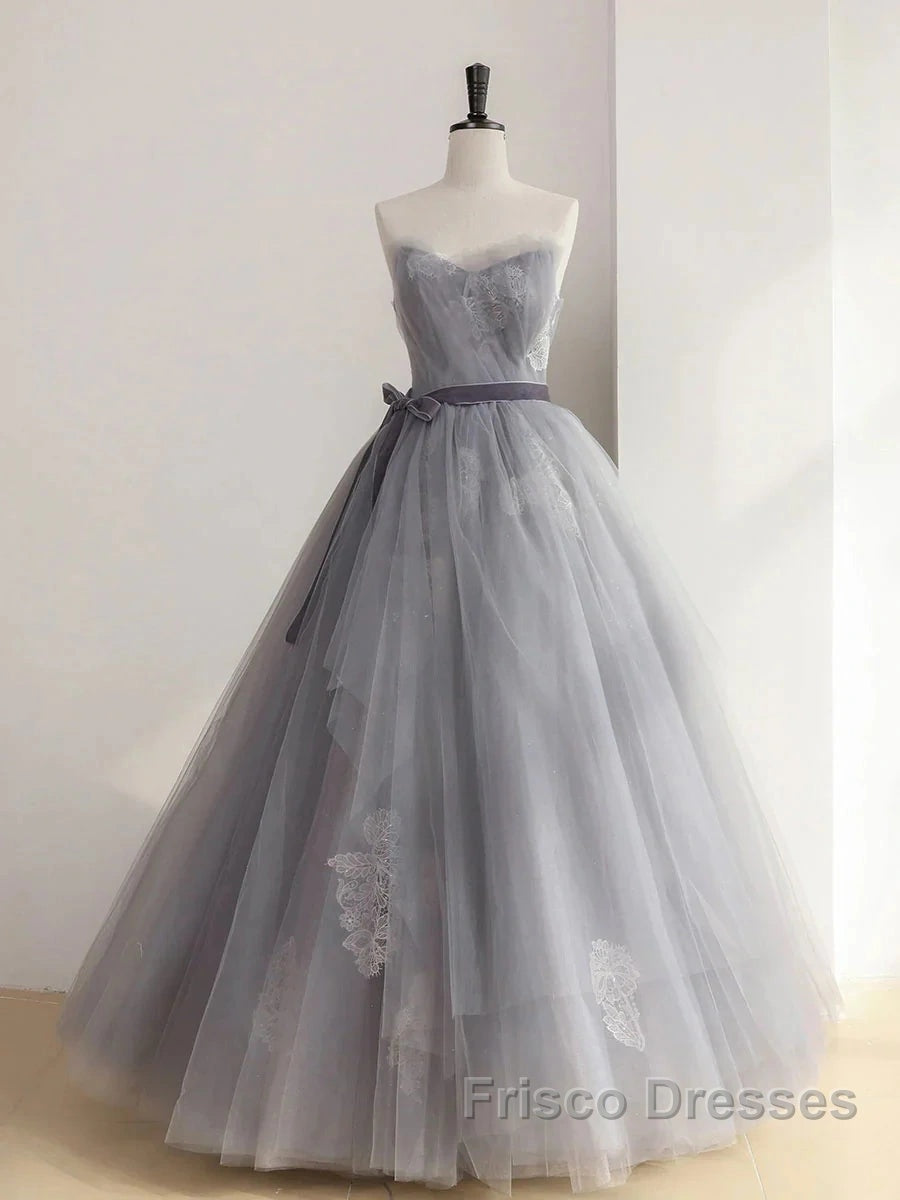 Gray Tulle Lace Long Formal Prom Dress Sweet 16 Dress A Line Off Shoulder December Wedding Guest Dress