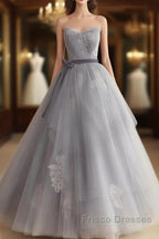 Gray Tulle Lace Long Formal Prom Dress Sweet 16 Dress A Line Off Shoulder December Wedding Guest Dress