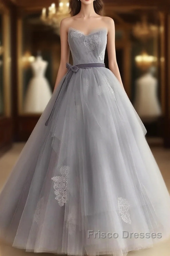 Gray Tulle Lace Long Formal Prom Dress Sweet 16 Dress A Line Off Shoulder December Wedding Guest Dress
